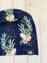 Load image into Gallery viewer, Navy Floral Gold Geo Slouch Beanie
